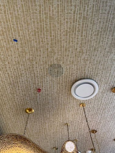 Low-angle shot of a textured ceiling featuring a circular light fixture, track lighting, and small blue/red accents.