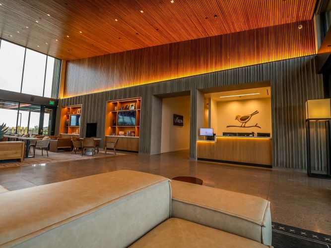 Modern reception lobby with a wooden desk, high ceilings, and bird wall decor