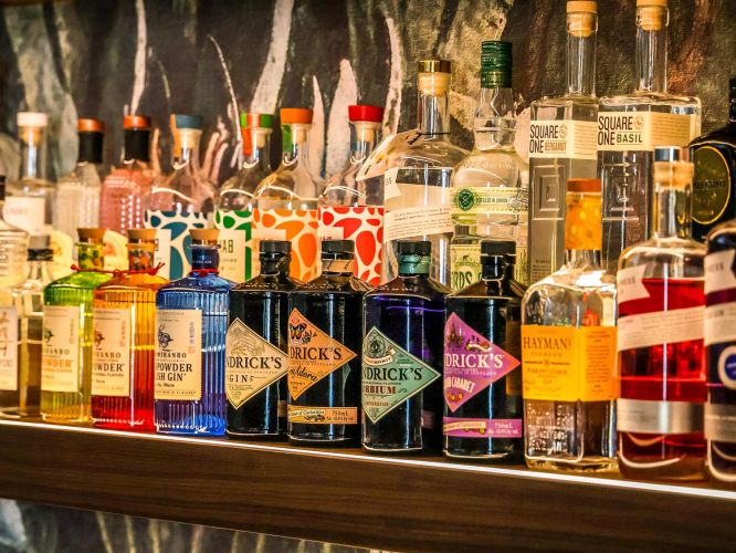Close-up of various gin bottles, including Hendrick's, on a backlit bar shelf.