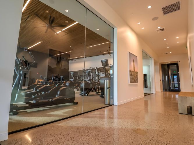 Modern gym interior with cardio equipment viewed through a glass partition